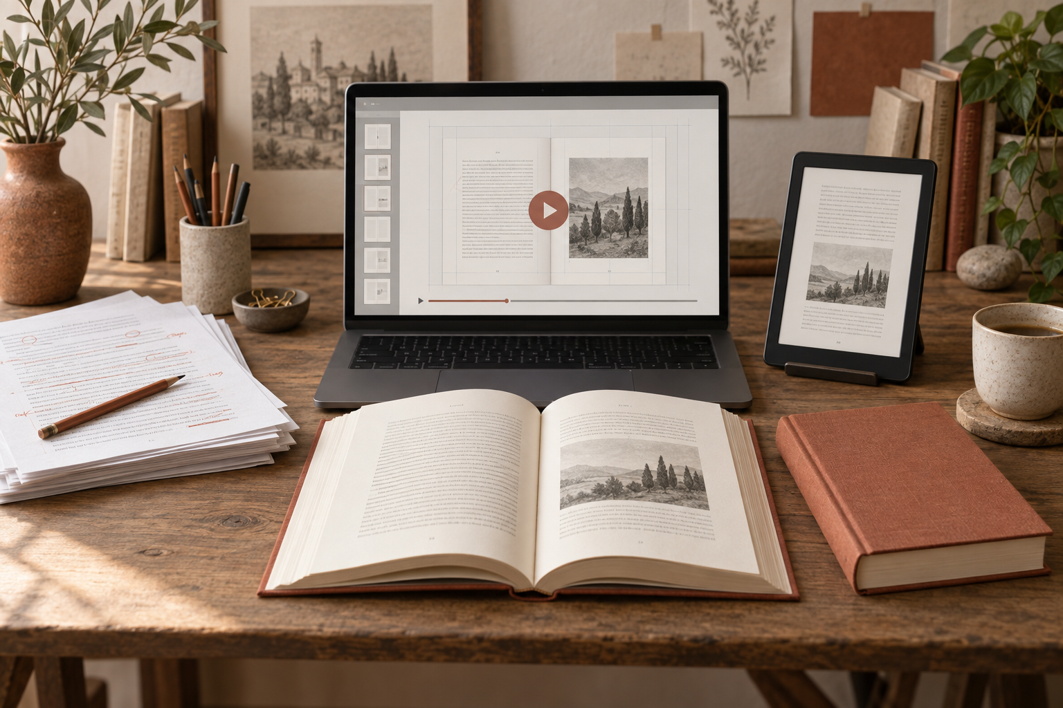 Illustrazione del percorso formativo: revisione del manoscritto, lezione video sull’impaginazione, libro stampato ed eBook.
